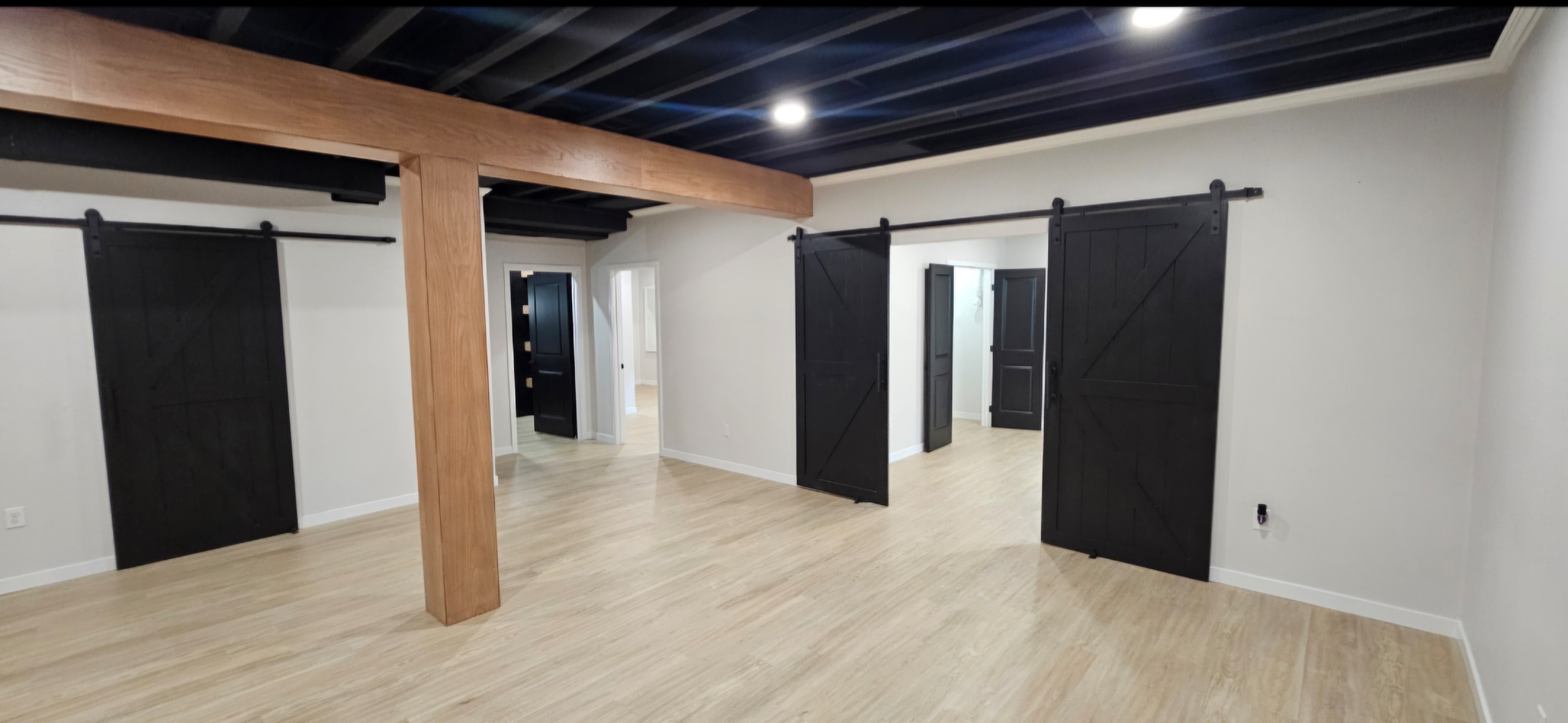 Finished adjoining basement room with black doors and a wide finished opening.